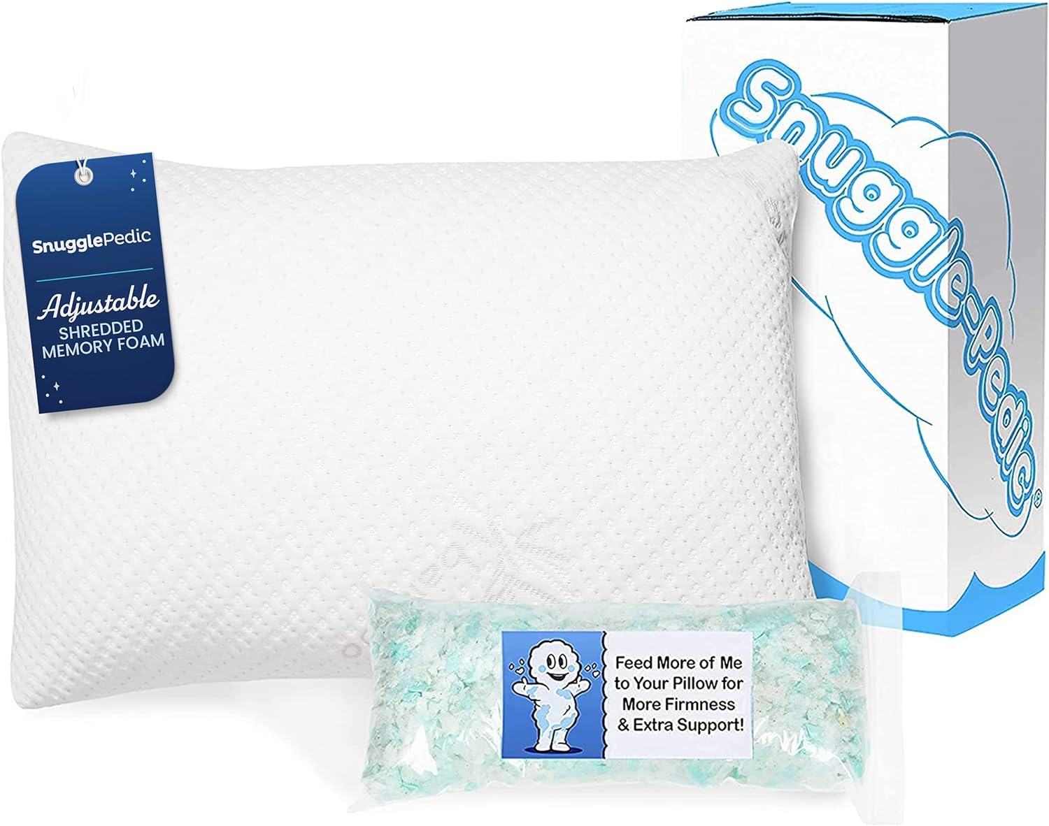 Snuggle-Pedic Adjustable Cooling - Shredded Memory Foam Pillows for Side, Stomach & Back Sleepers - Fluffy or Firm - Keeps Shape - College Dorm Room Essentials for Girls and Guys - Queen