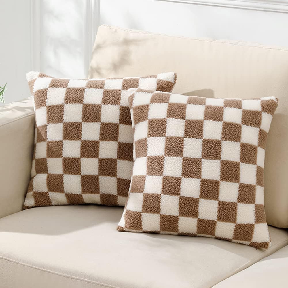 WEMEONcheckered Pillow Covers 18x18 Set of 2 Luxury Style Pattern Cushion Case,Checkerboard Pattern Super Soft Faux Fur Wool Throw Pillows for Couch Living Room(Khaki/White)