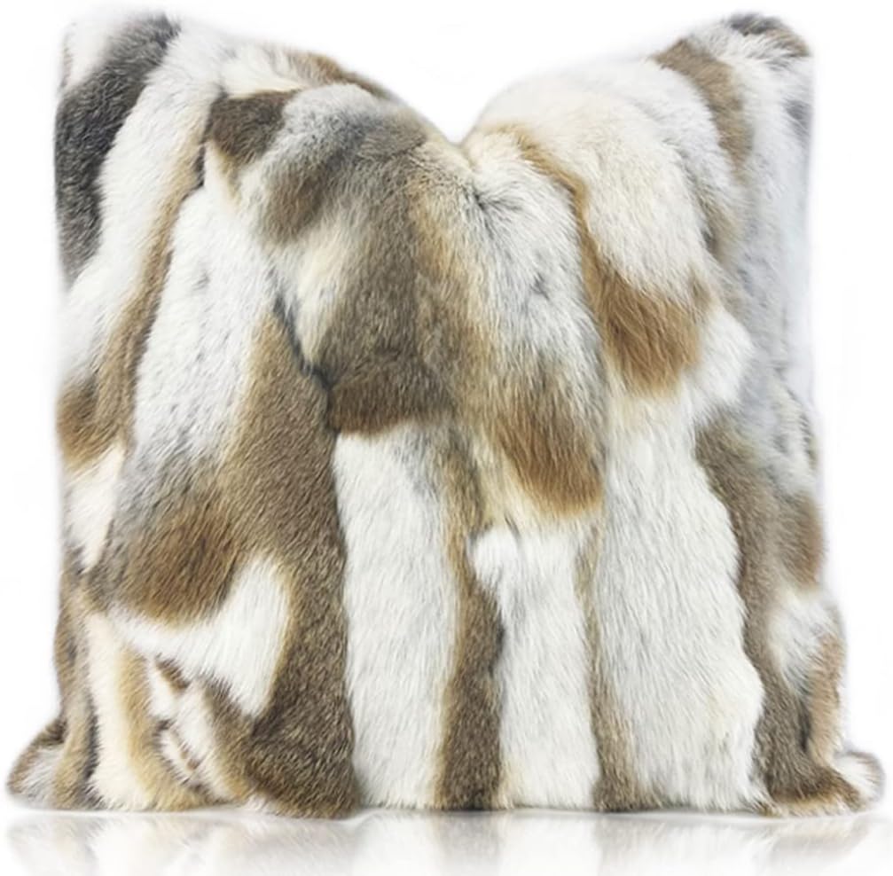 Natural Handcrafted Rabbit Fur Throw Pillow Covers Soft Plush Real Fur Pillow Case Luxury Animal Skin Cushion Cover Farmhouse Decorative Pillowcase Home Living Room 18 x 18