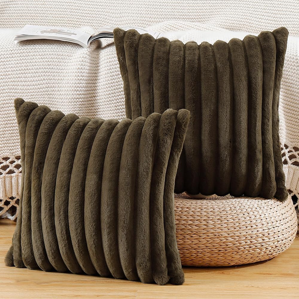 MADIZZ Set of 2 Faux Wool Plush Decorative Throw Pillow Covers 22x22 Inch Drak Brown Fluffy Striped Soft Decorative Cushion Cover for Sofa Bedroom Pillow Shell