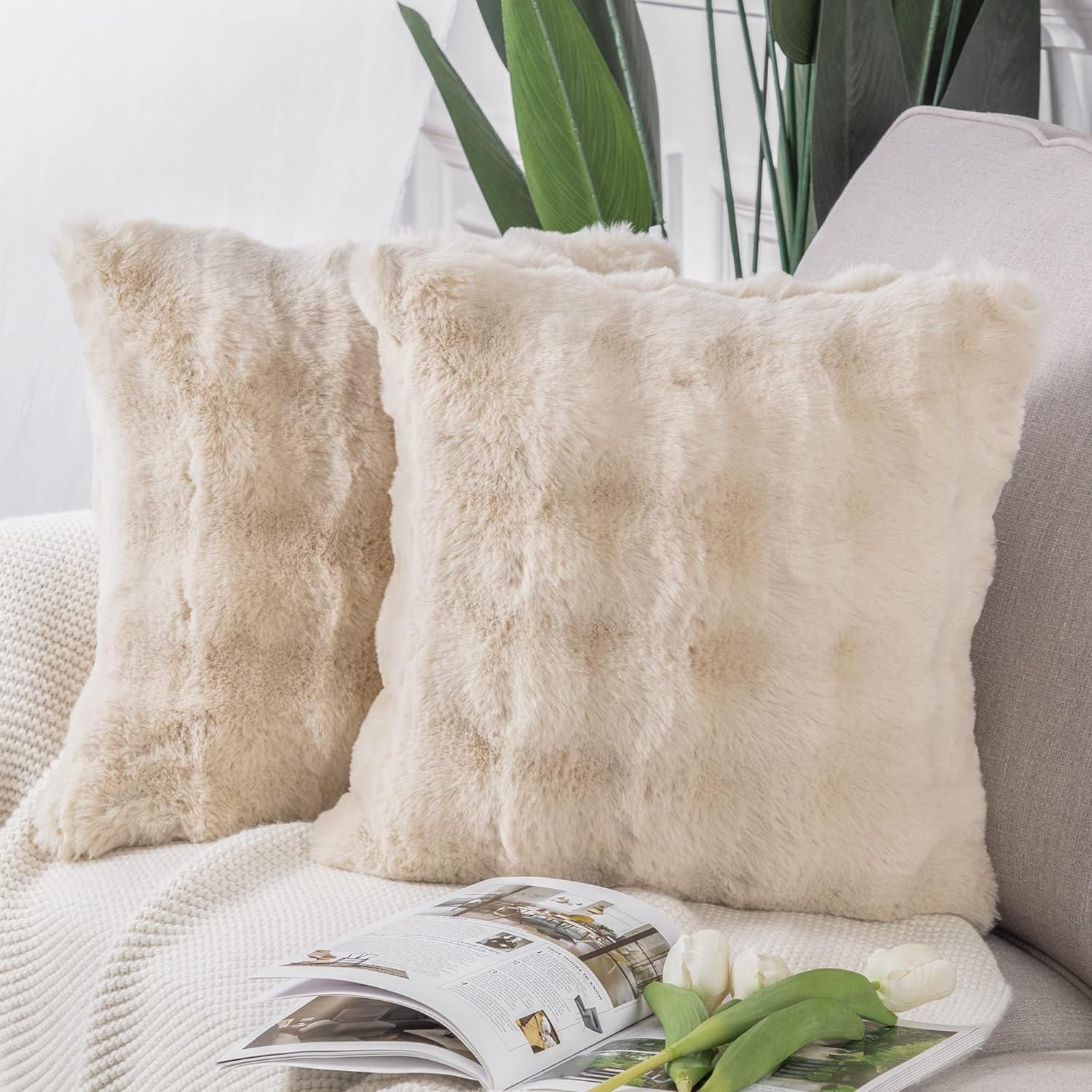 MADIZZ Pack of 2 Thick Plush Wool Throw Pillow Covers 22x22 Inch Beige Soft Decorative Cushion Cover for Sofa Bedroom Pillow Shell