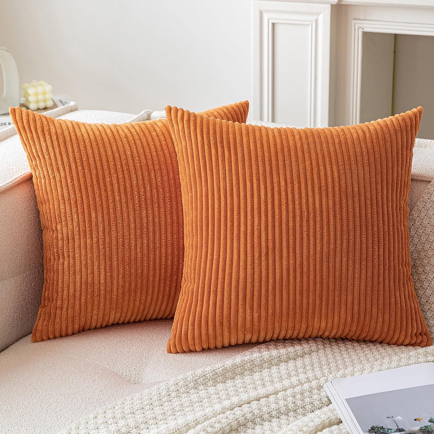 Pack of 2 Orange Throw Pillow Covers with Corduroy Cushion Case 20x20 Cute and Soft Boho Throw Pillow Covers Decorative Pillows Covers for Bed Couch Sofa and Living Room Euro Pillow Covers