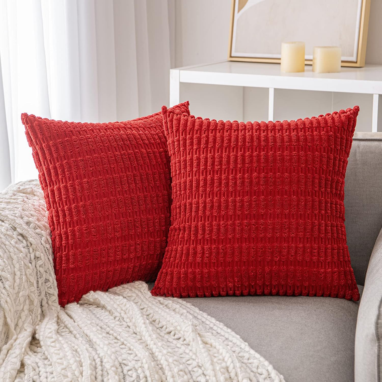 Pack of 2 Red Pillow Covers Decorative Throw Pillow Covers 18x18 Inch for Couch Bed Living Room Soft Corduroy Striped Square Cushion Case Neutral Throw Pillows Boho Throw Pillows Room Decor