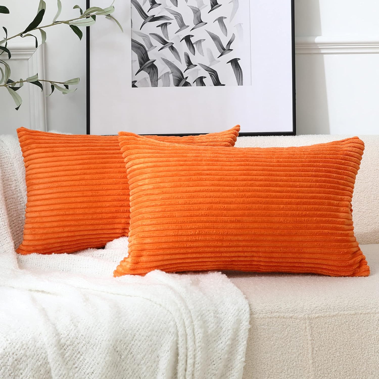 Stellhome Pack of 2 Corduroy Soft Throw Pillow Covers Rectangle Solid Striped Cushion Covers Pillowcase for Bed Couch Sofa Bench, 12x20 inch/30x50 cm, Orange