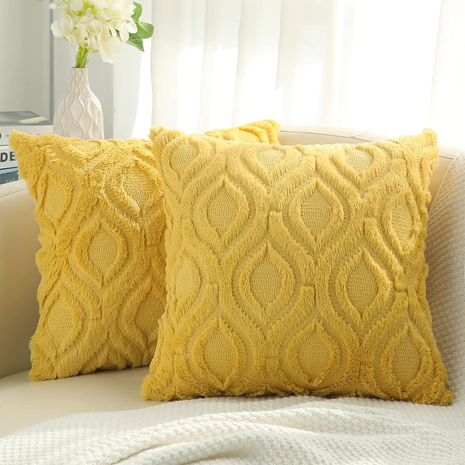 decorUhome Decorative Throw Pillow Covers 24x24, Soft Plush Faux Wool Couch Pillow Covers for Home, Set of 2,Mustard Yellow