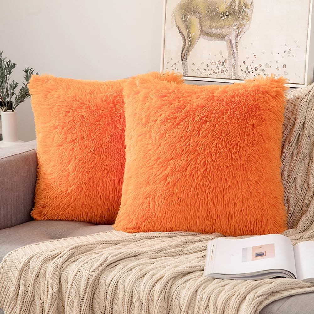 Pack of 2 Orange Spring Throw Pillows Luxury Fluffy Pillows Faux Fur Decorative Pillows Plush Cushion Case Fuzzy Mongolian Merin Style for Bed Couch Sofa and Living Room Home Decor 20x20 Inch