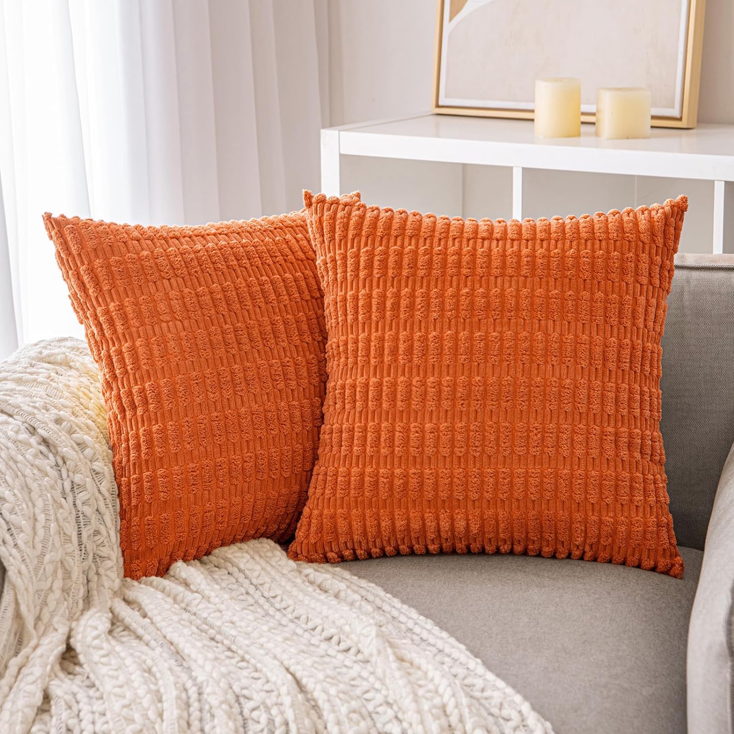 Pack of 2 Orange Pillow Covers Corduroy Decorative Throw Pillow Covers 18x18 Inch for Couch Bed Living Room Soft Striped Square Cushion Case Rustic Boho Pillows Neutral Pillows Room Decor