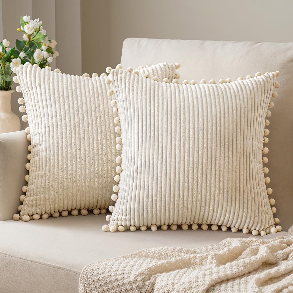 Pack of 2 Cream White Spring Boho Decorative Pillow Covers with Pom-poms Pillow Covers 18x18 Corduroy Cushion Case Cute and Soft Square Throw Pillows for Bed Couch Sofa Living Room Home Decor