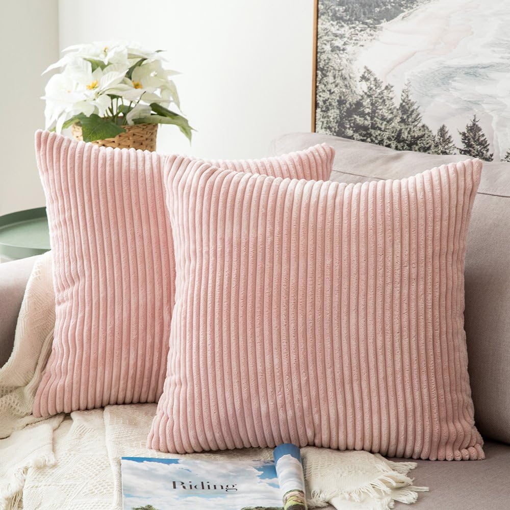 MIULEE Pack of 2 Corduroy Soft Soild Decorative Square Throw Pillow Covers Set Cushion Cases Pillowcases for Spring Sofa Bedroom Car 18 x 18 Inch 45 x 45 Cm Pink