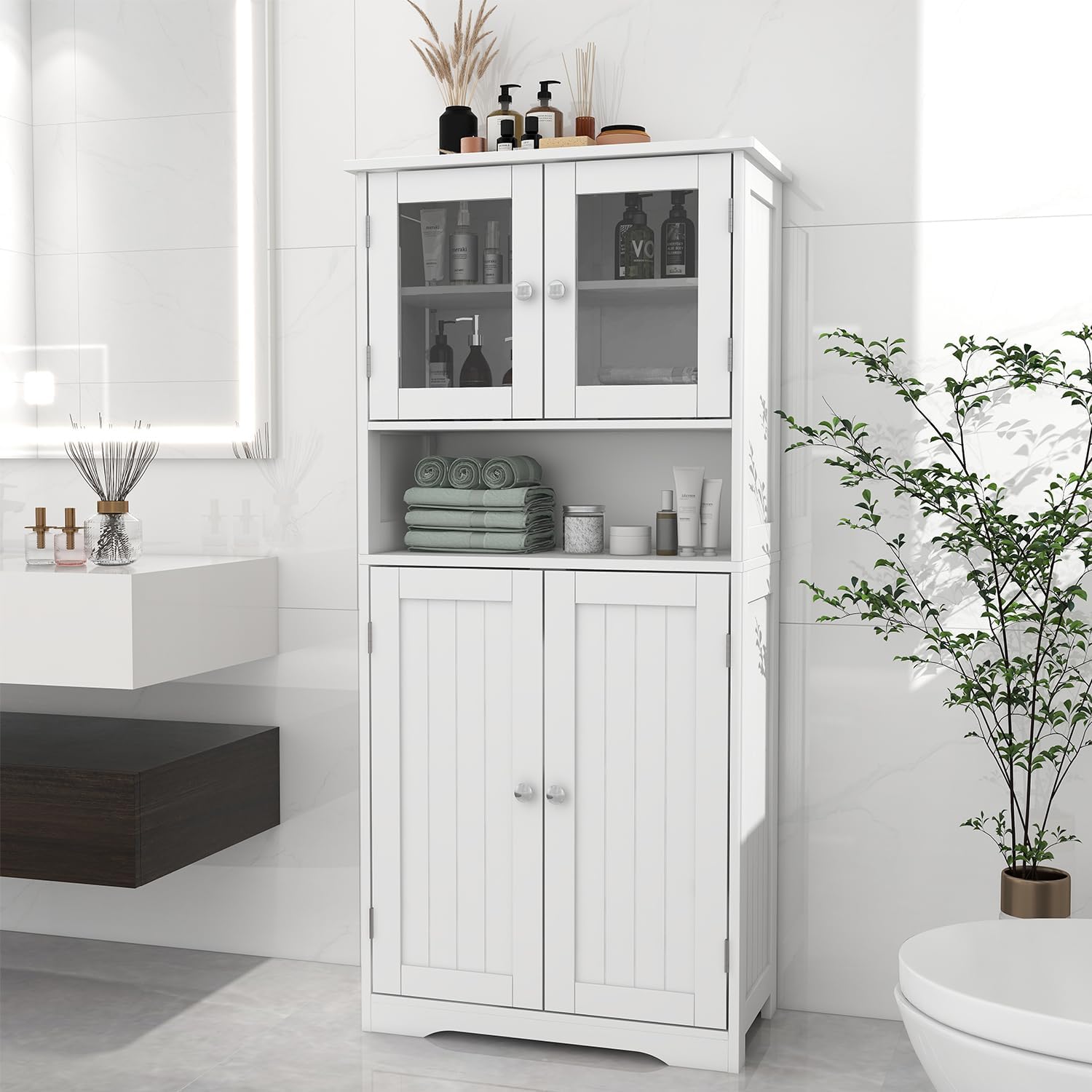 Bathroom Cabinet, Floor Storage Cabinet Freestanding w/Two Glass Doors, Display Shelves, Adjustable Shelves, Kitchen Cupboard, Storage Cabinet for Living Room