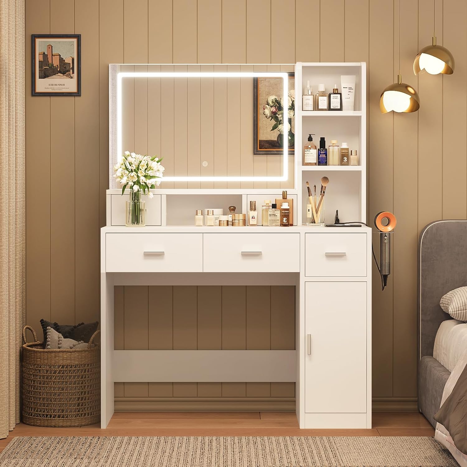 Vanity Desk with Mirror and Lights, Makeup Table with 5 Drawers, White Dressing Table with Large Drawer, 3 Color Lighting Modes & Adjustable Brightness for Bedroom