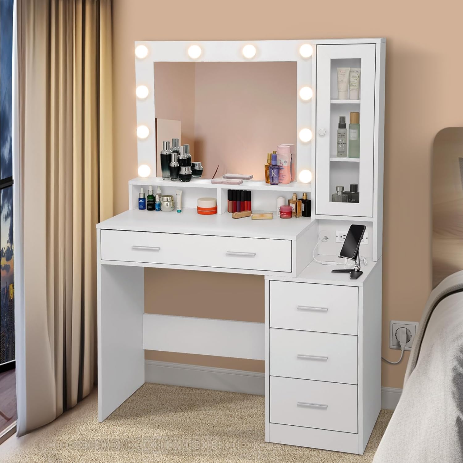 Makeup Vanity Desk with Mirror and Lights - 39.5'' White Vanity Table with Charging Station, 4 Drawers and Display Cabinet, 3 Lighting Modes, Bedroom Vanity Mirror with Lights Desk and Nightstand