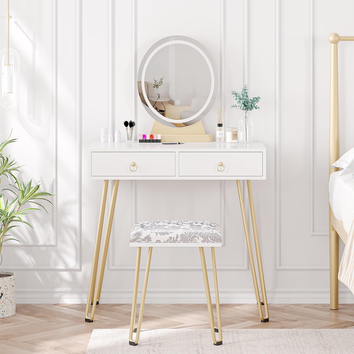 Vanity Desk, Makeup Vanity Desk with Touch Light Mirror, Makeup Table with Stool and 2 Drawers, White