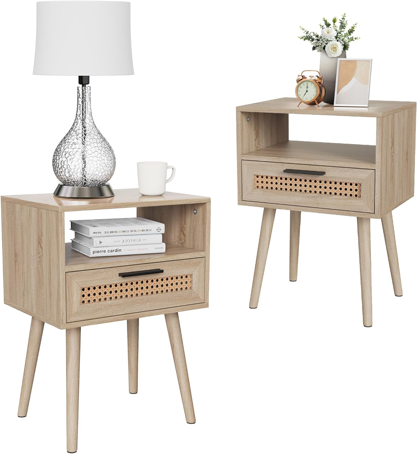 Nightstands Set of 2, Rattan Night Stand, Boho Nightstand with Drawer Open Storage, Modern Bed Side Table with Solid Wood Feet for Bedroom