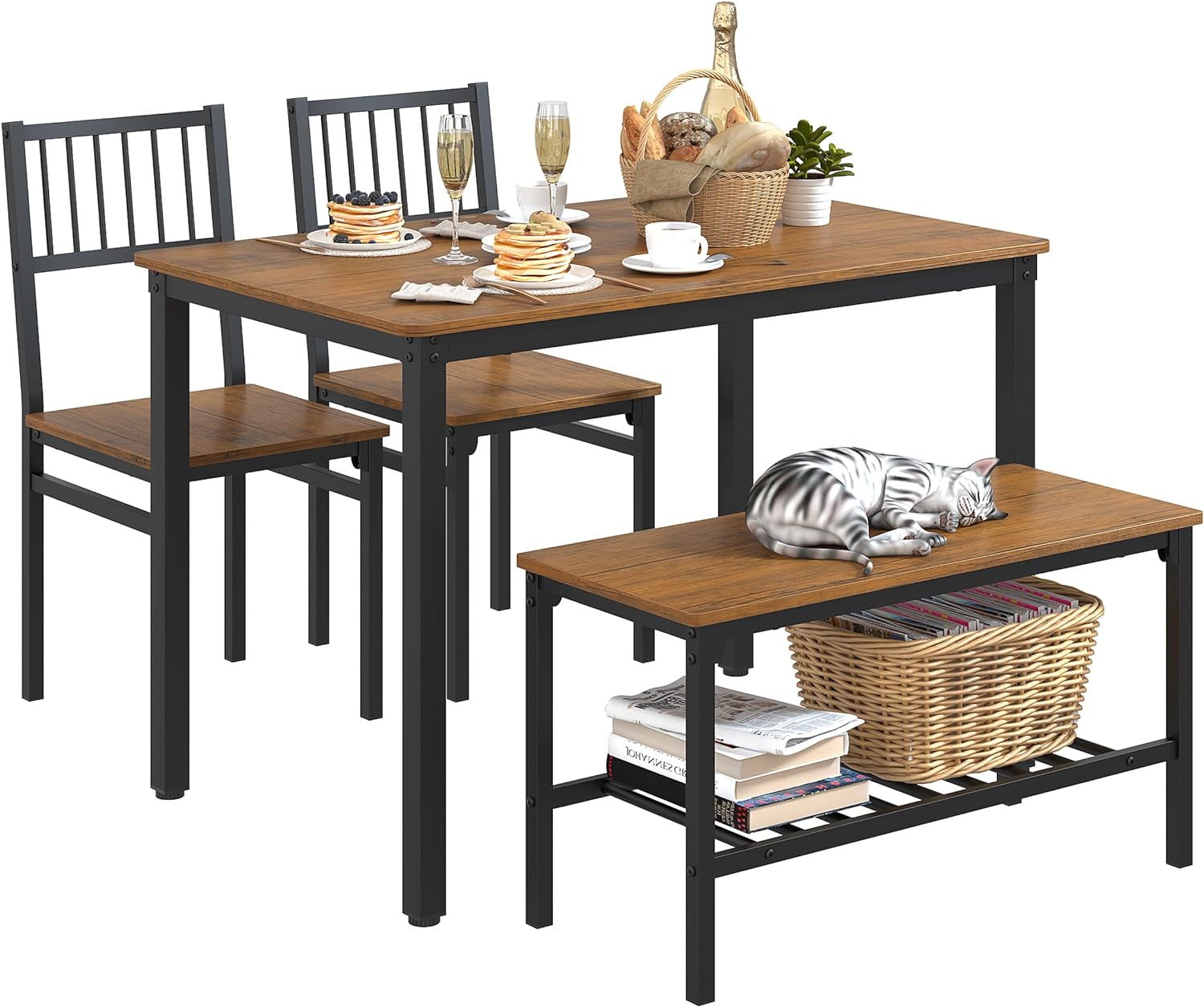 Teraves Dining Table Set for 4/Computer Desk,Kitchen Table with 2 Chairs and a Bench,Table and Chairs Dining Room Set 4 Piece Set for Dining Room (Teak, 110CM)/ 43.31