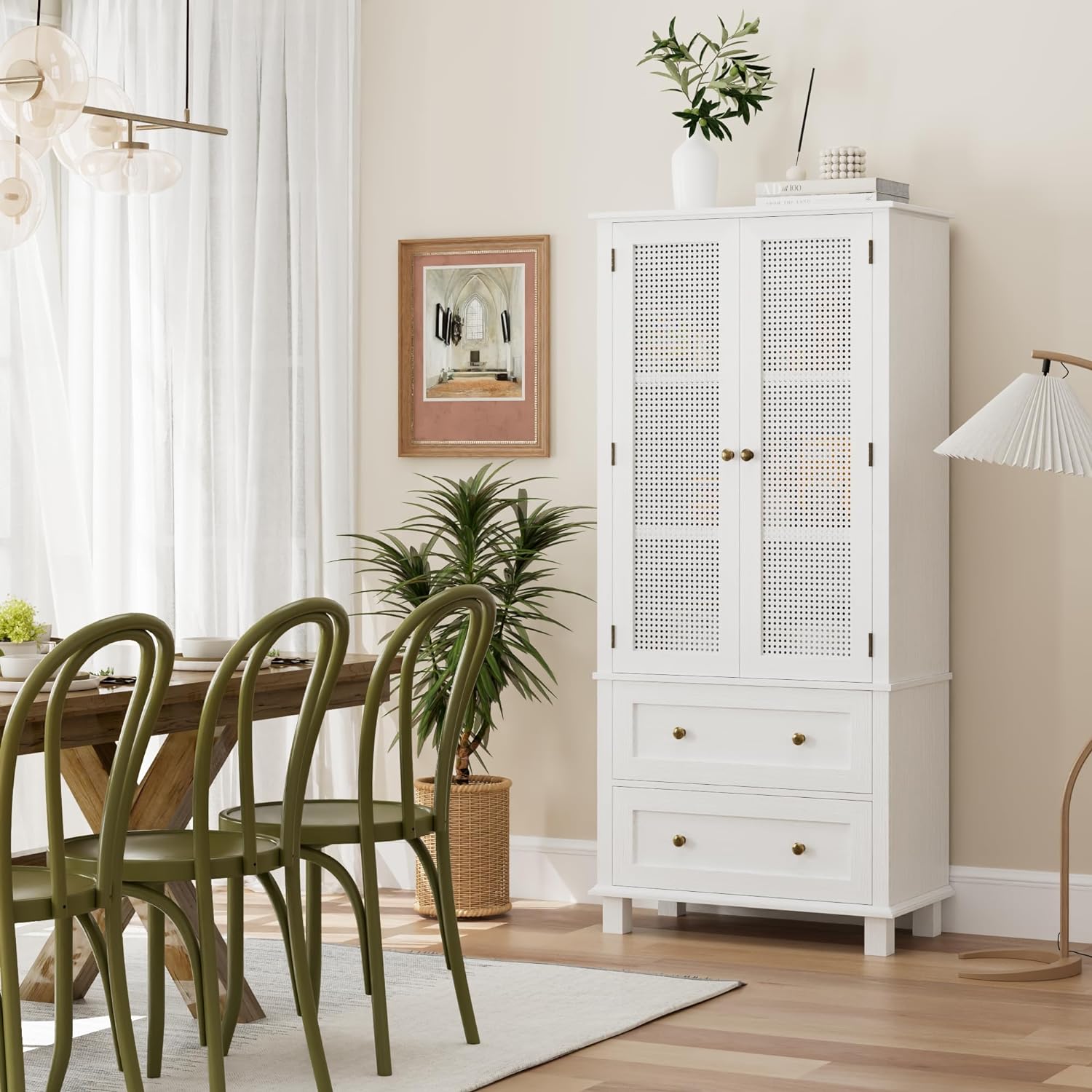 FOTOSOK Kitchen Pantry Storage Cabinet, Tall Cabinet with Rattan Doors and 2 Drawers, Freestanding Cupboard with Adjustable Shelves, Utility Pantry for Kitchen, Dining Room,White