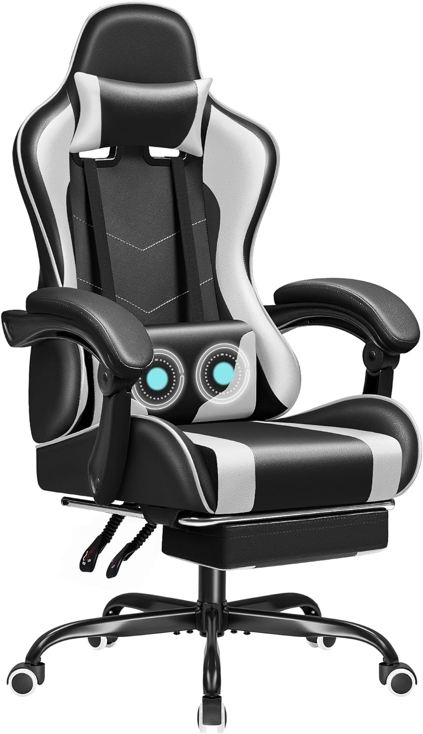 JUMMICO Gaming Chair Ergonomic Computer Chair with Footrest and Massage Lumbar Support, Height Adjustable Video Gaming Chair with 360 Swivel Seat and Headrest (White)