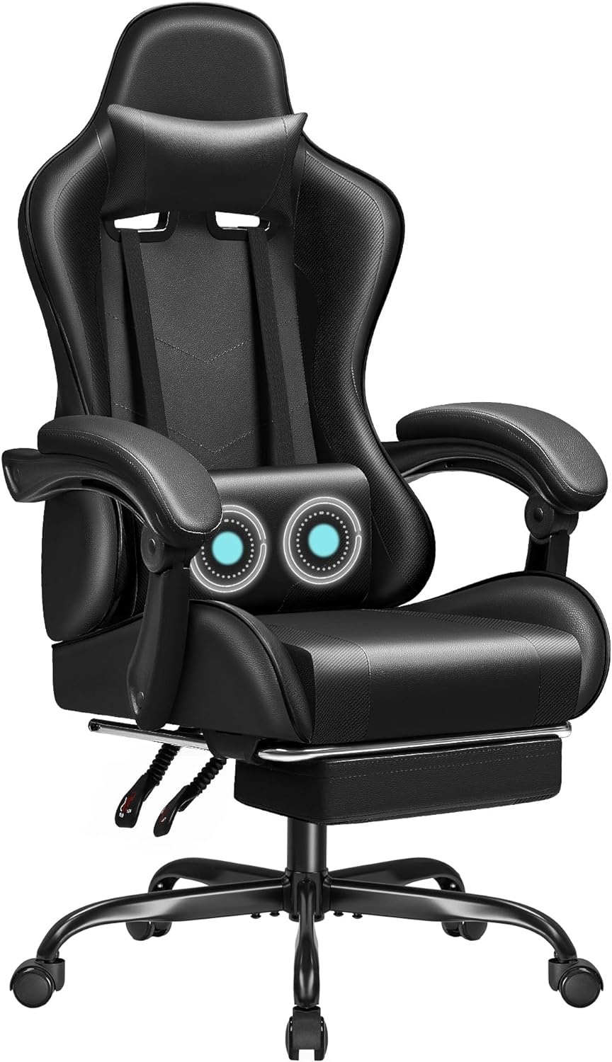 JUMMICO Gaming Chair Ergonomic Computer Chair with Footrest and Massage Lumbar Support, Height Adjustable Video Gaming Chair with 360 Swivel Seat and Headrest (Black)