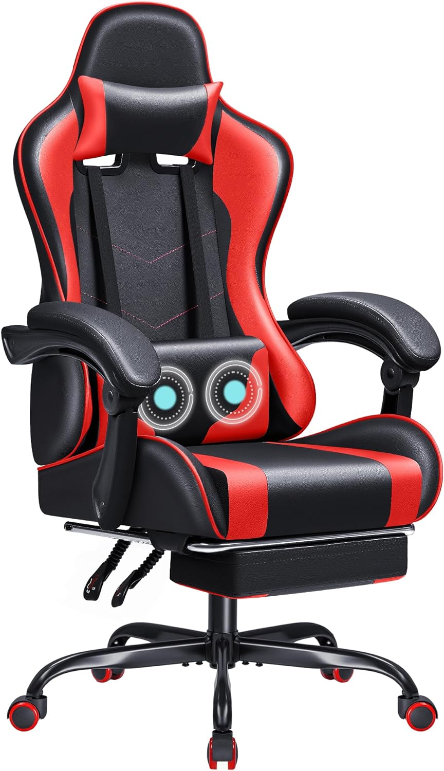 JUMMICO Gaming Chair Ergonomic Computer Chair with Footrest and Massage Lumbar Support, Height Adjustable Video Gaming Chair with 360 Swivel Seat and Headrest (Red)