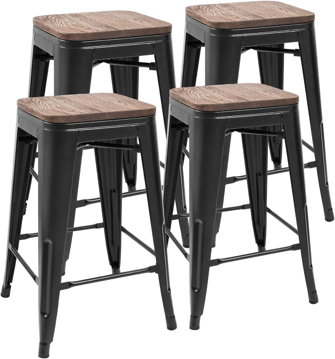 JUMMICO Metal Bar Stools Indoor-Outdoor Stackable Modern Metal Counter Height Industrial Barstools with Wooden Seat Set of 4 (Black)