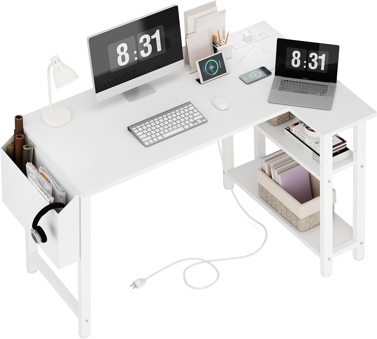 Lufeiya White L Shaped Computer Desk with Power Outlet Shelves, 40 Inch Small Corner Desk for Small Space Home Office, L-Shaped Desk PC Desks, White