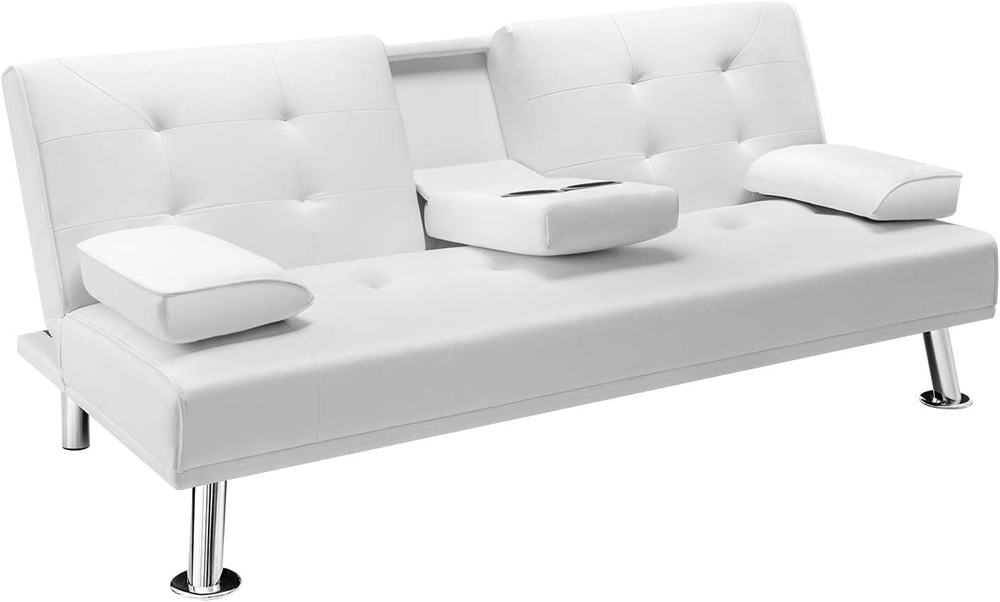 JUMMICO Faux Leather Upholstered Modern Convertible Folding Futon Sofa Bed with Removable Armrests, Adjustable Recliner Couch Bed Loveseat with 2 Cup Holders for Living Room (Leather, White)