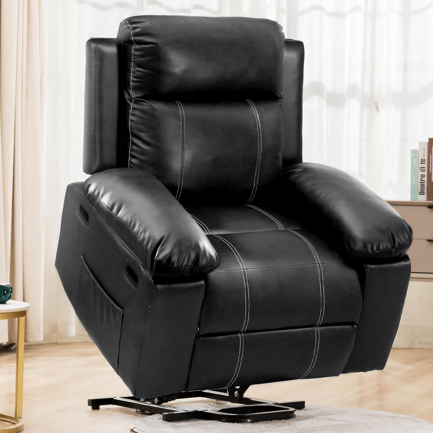 COMHOMA Power Lift Recliner Chair with Thickened Padding, Electric Power Lift Recliner Massage Sofa Chair for Living Room, Leather Recliner Chair with Massage and Heat (Black)