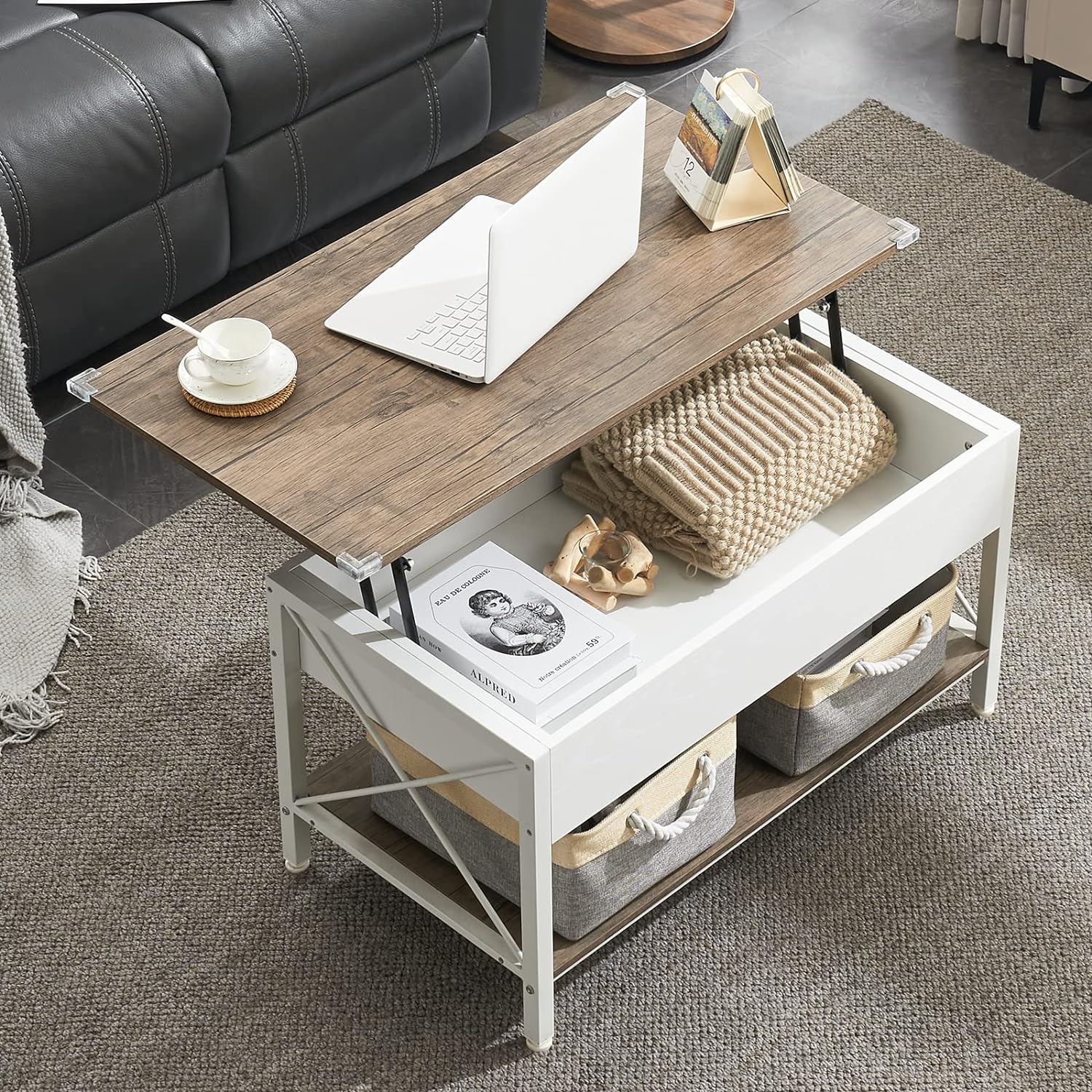 VINGLI 36 Lift Top Coffee Table with Free Cloth Storage Bins, White Walnut Framhouse Coffee Table for Living Room, Small Modern Coffee Table for Small Space in Minimalistic Style, Dark Walnut