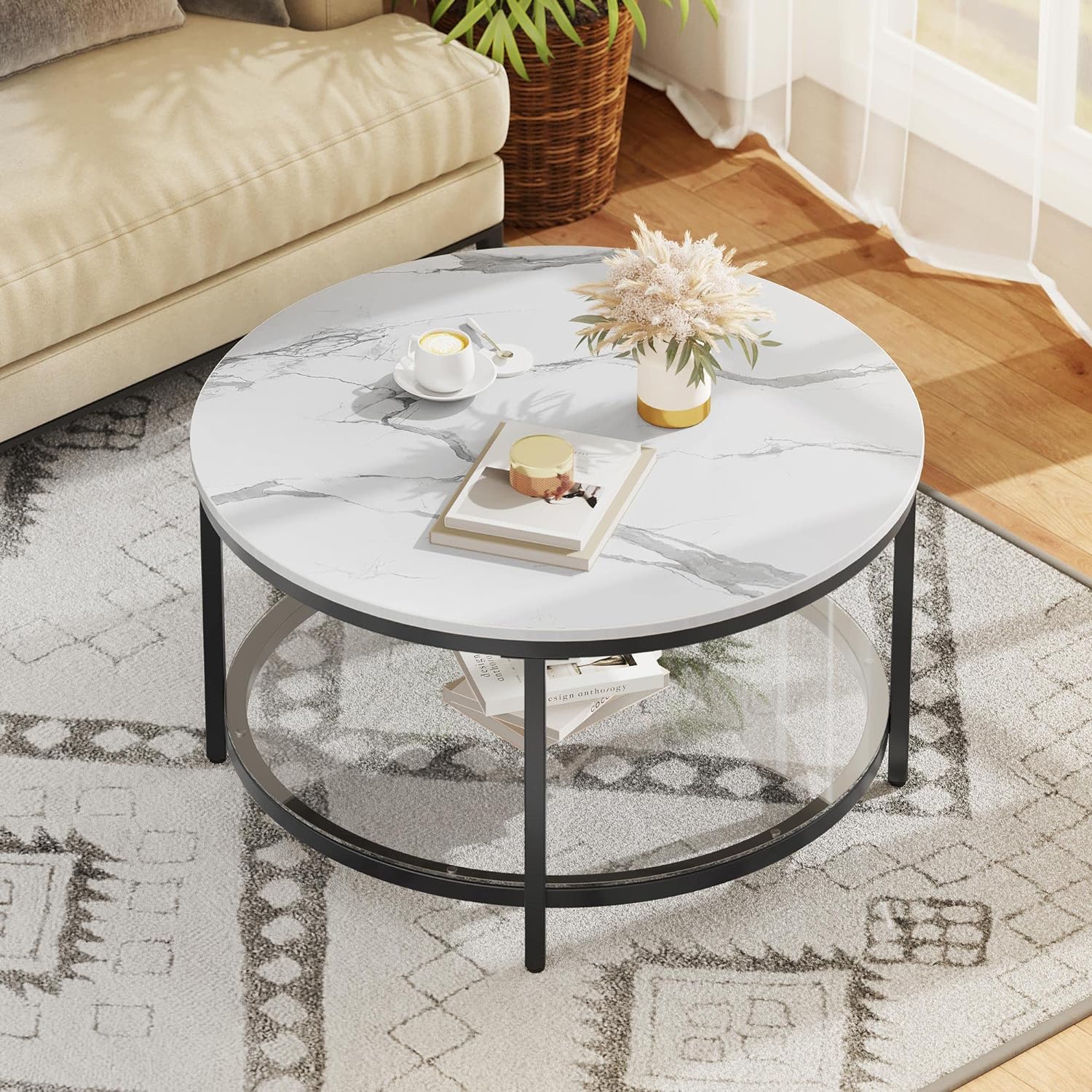 YITAHOME White Marble Round Coffee Table with Glass, Black for Living Room, 2-Tier Circle Coffee Table with Storage Clear Coffee Table, Simple Modern Center Cocktail Table, White & Black