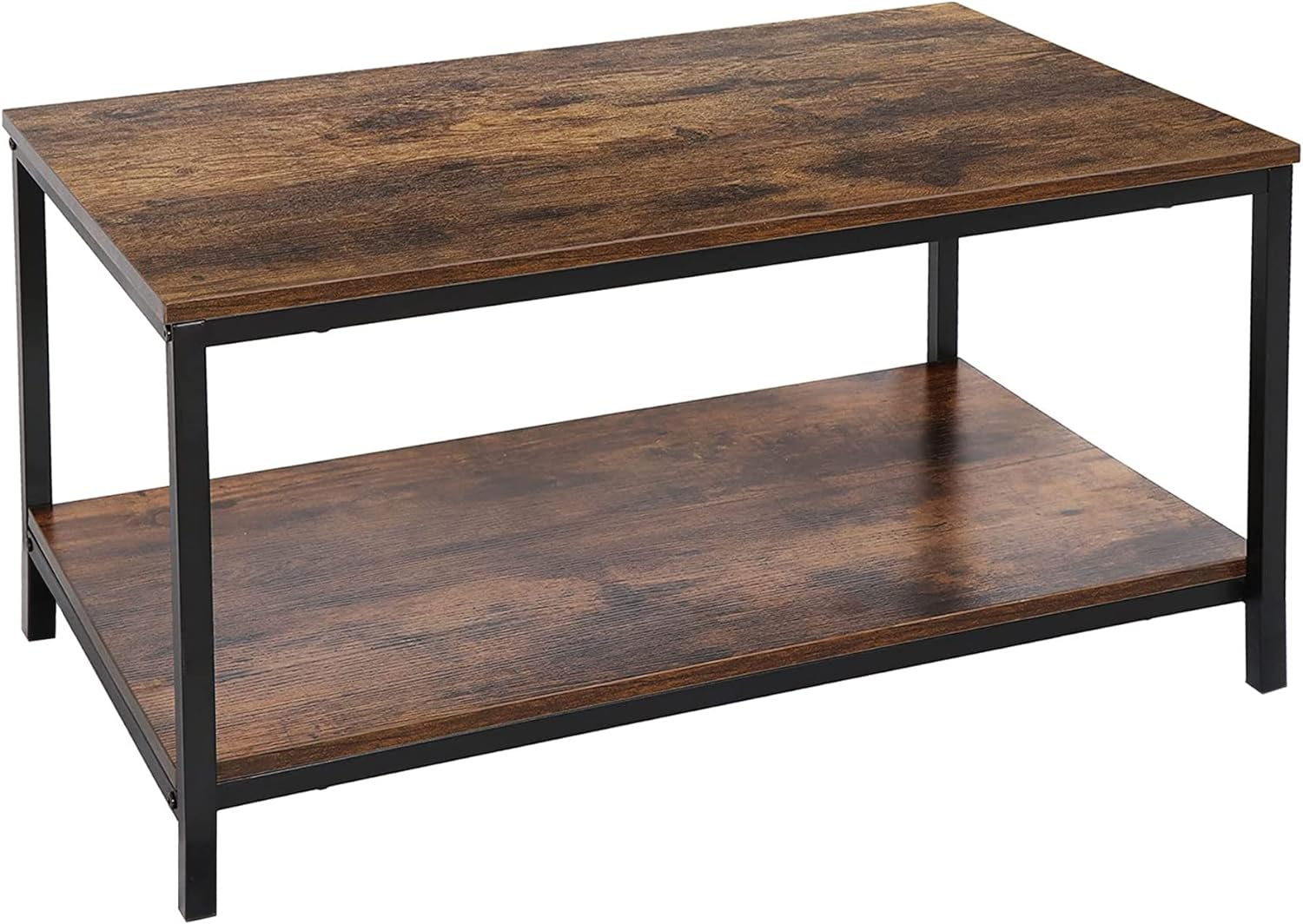 SUPER DEAL 2-Tier Industrial Coffee Table with Storage Shelf for Small Apartment Living Room, Rectangle Wood and Stable Metal TV Stand Side End Table, Rustic Brown