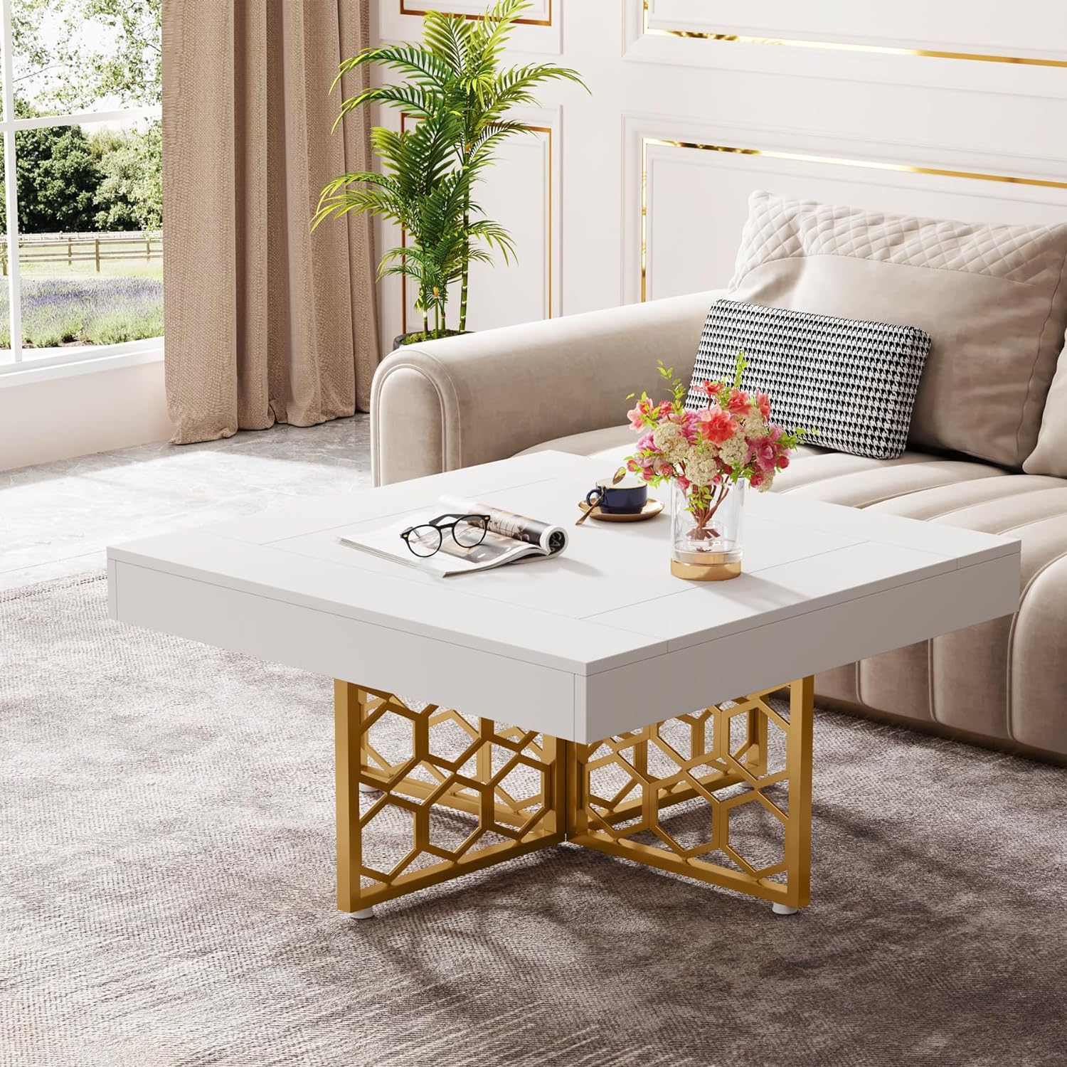 Tribesigns White and Gold Coffee Table White Square Coffee Table with Gold Base Modern Square Coffee Table for Living Room Wood White Tea Table