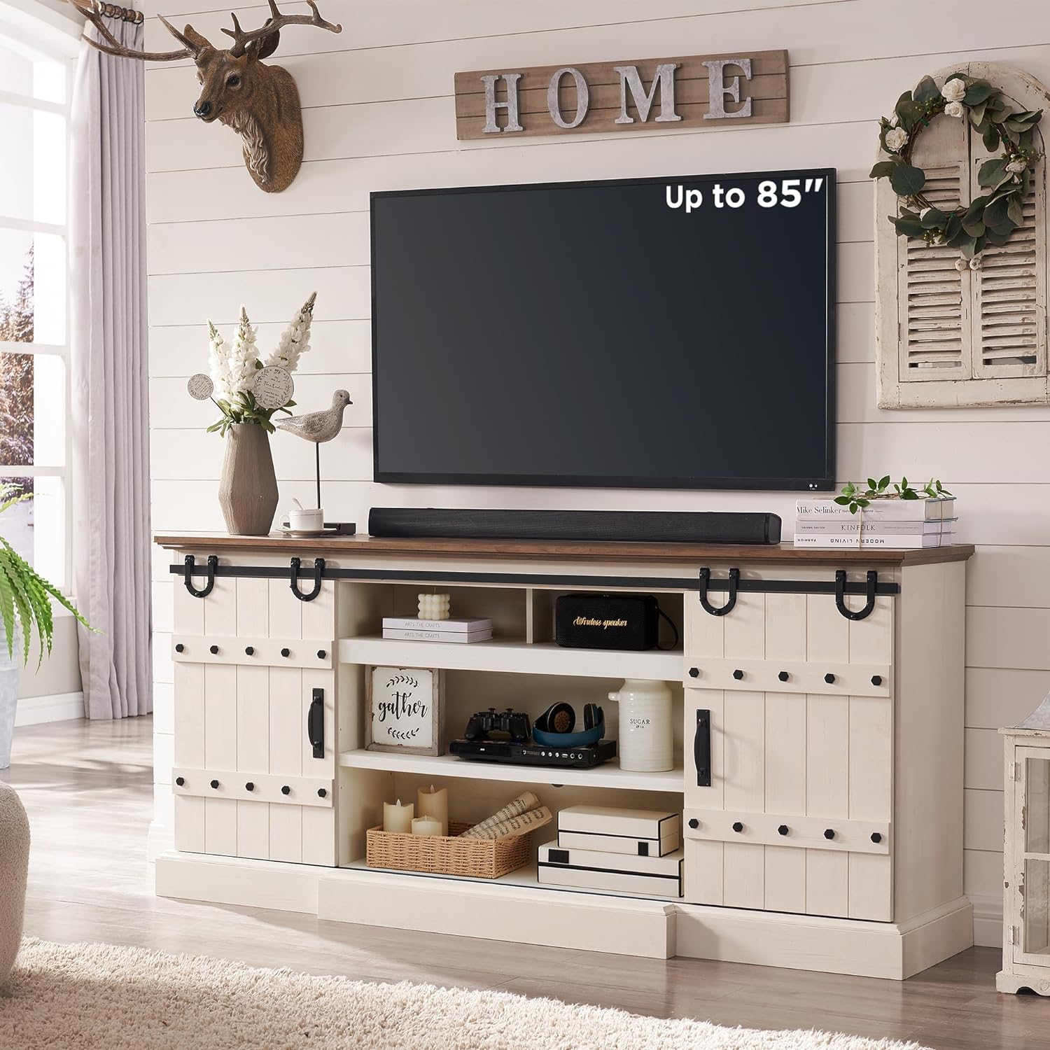 OKD 75 Farmhouse TV Stand for TVs Up to 85 Inches, Large Rustic Entertainment Center with Sliding Barn Door, Tall Highboy Media Console Table with Storage Cabinet for Living Room, Antique White