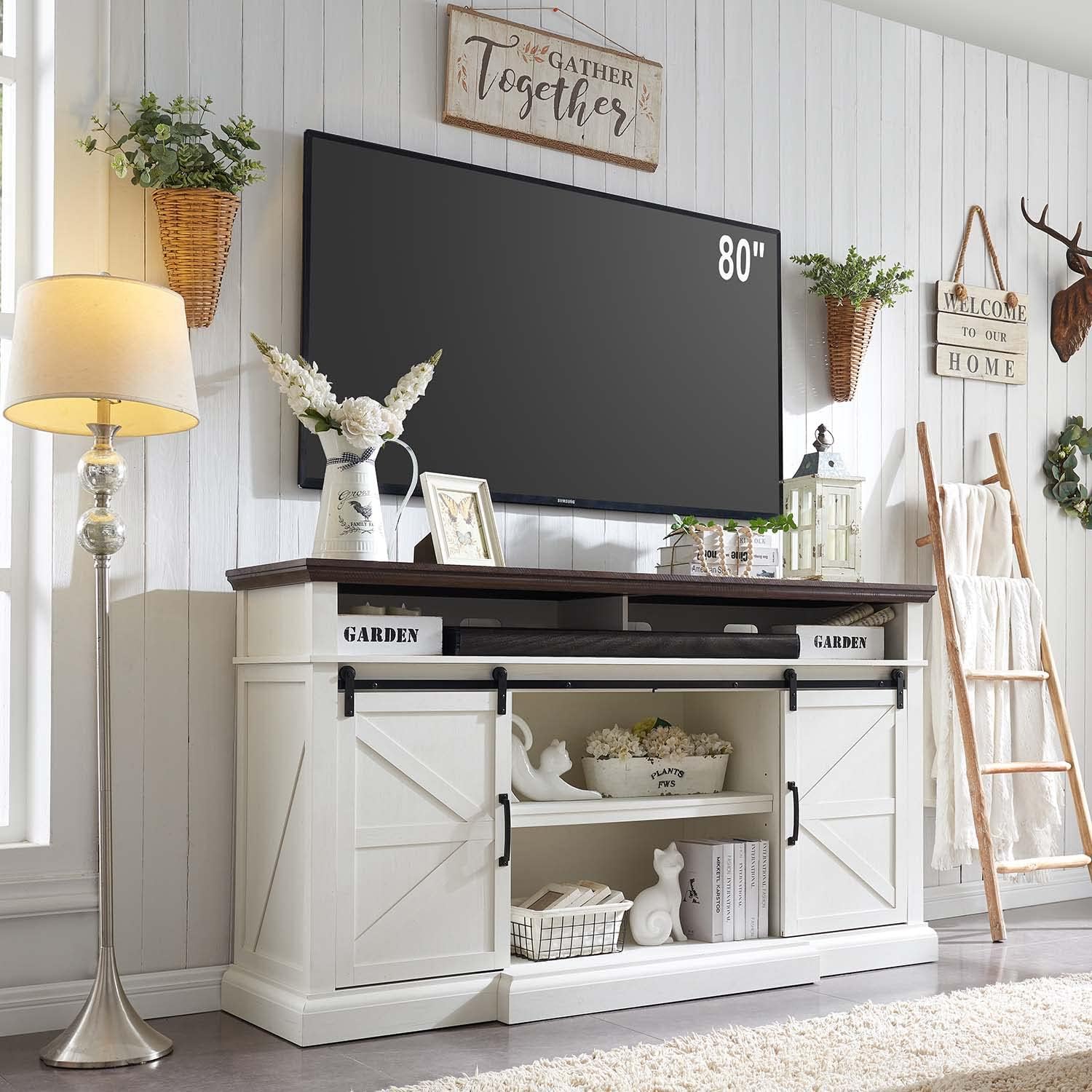 Farmhouse TV Stand for 80 Inch TVs, 39 Tall Entertainment Center w/Double Sliding Barn Door, Large Media Console Cabinet w/Soundbar & Adjustable Shelves for Living Room, 70inch, White