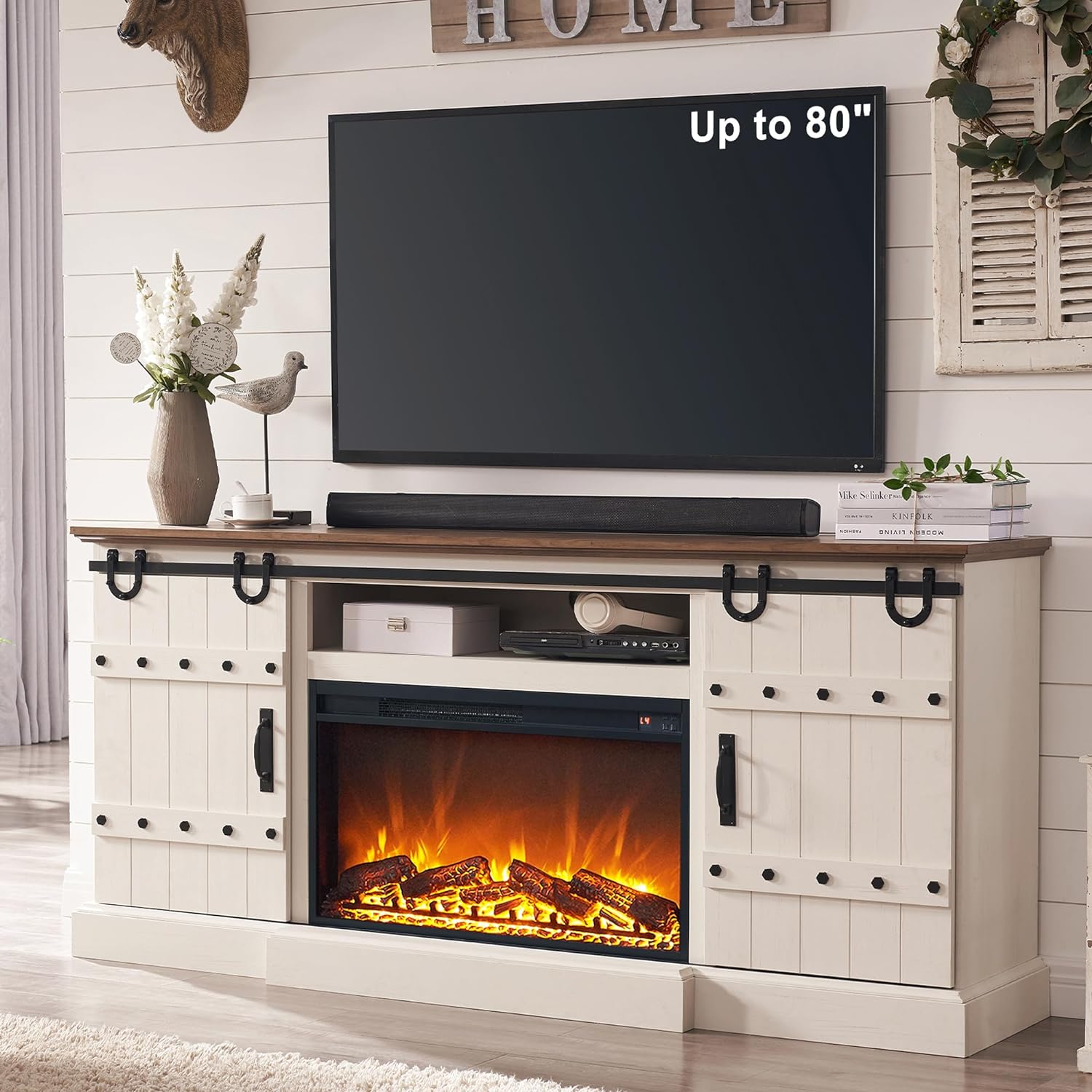 OKD 70 Fireplace TV Stand for 75+ 80 Inch TV, Farmhouse Highboy Entertainment Center with 30 Electric Fireplace & Sliding Barn Doors, Rustic Tall Media Console Cabinet for Living Room, Antique White