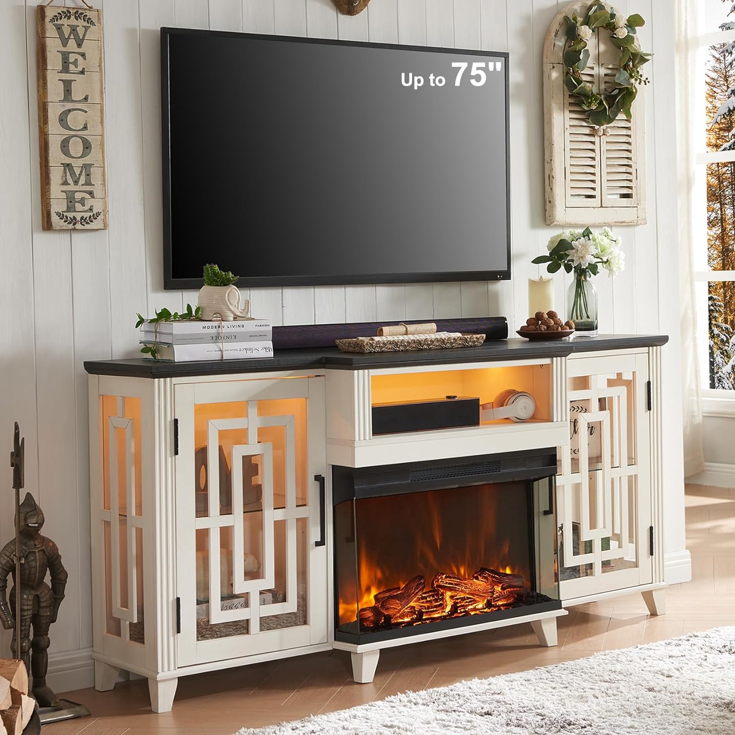 JXQTLINGMU 3-Sided Glass Fireplace TV Stand for 75 Inch TV w/LED Light, Farmhouse Highboy Entertainment Center with 26in Electric Fireplace, Large Media Console with 2 Storage Cabinet, Antique White