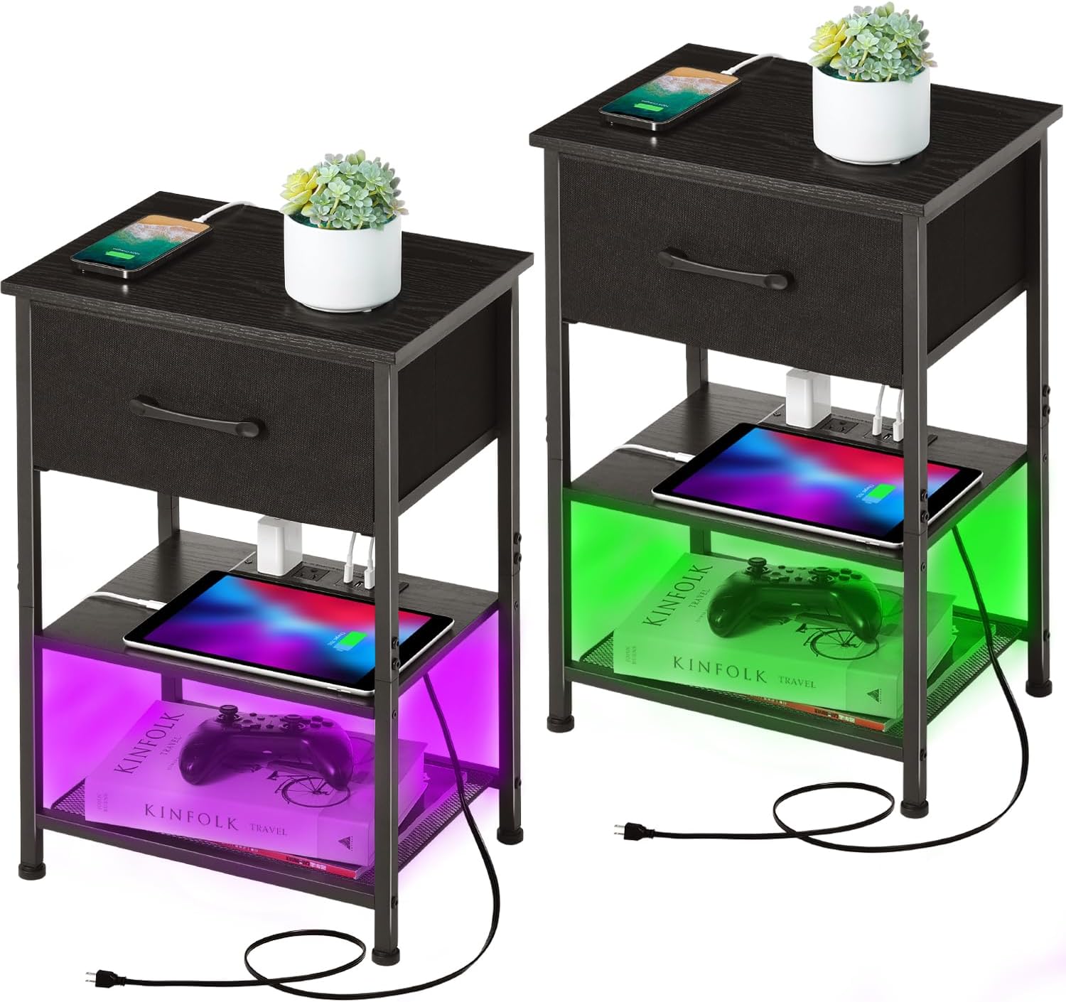 Nightstands Set of 2 with Charging Station and Drawer, End Table Side Table with 20 Colors LED Light Strip and 2 Layers Shelf for Bedroom Living Room Sofa (Black)