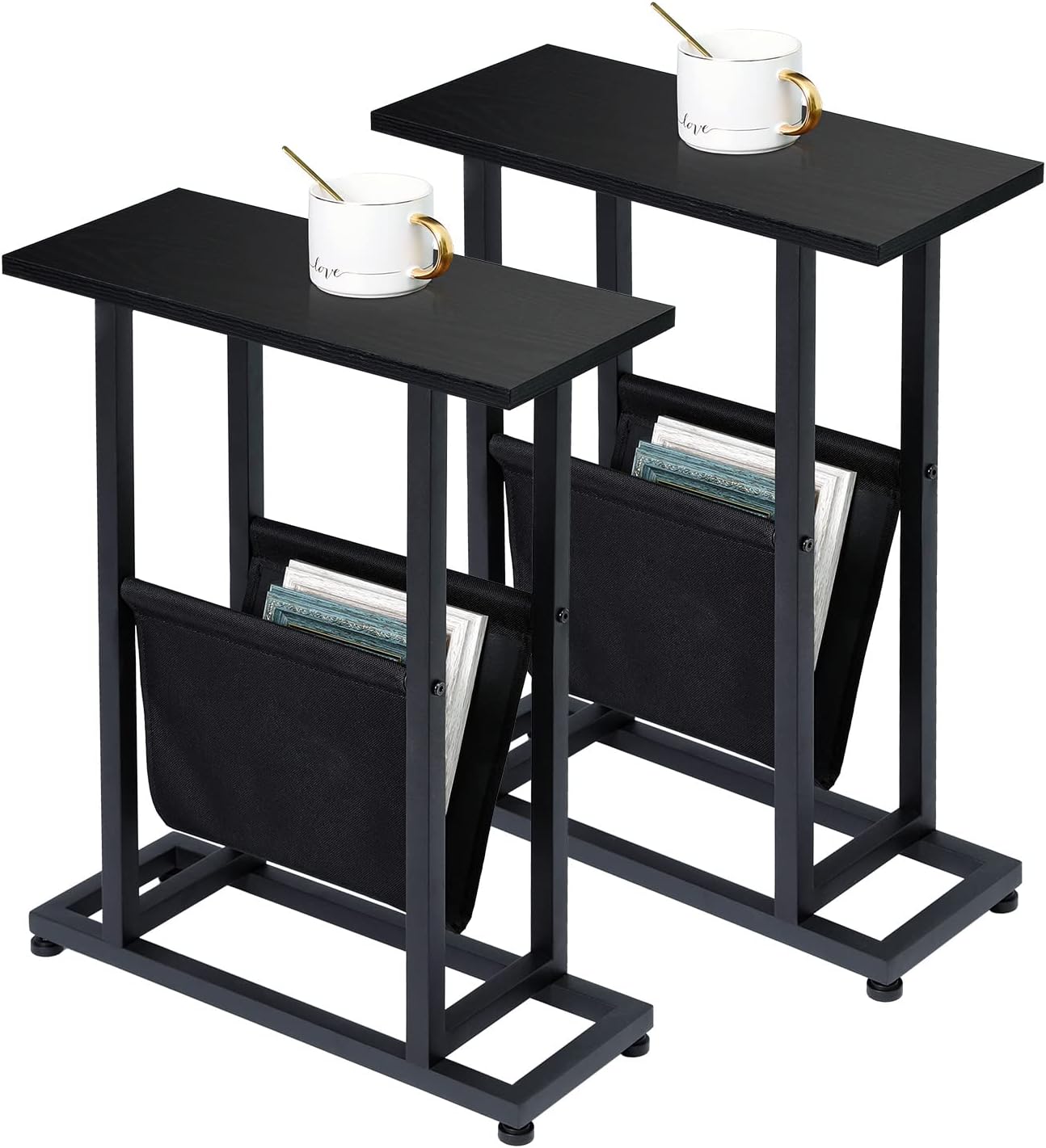 Narrow Side Table Set of 2, Skinny End Table with Magazine Holder, Thin Bedside Table for Small Spaces Living Room, Small Nightstands Bedroom, Black