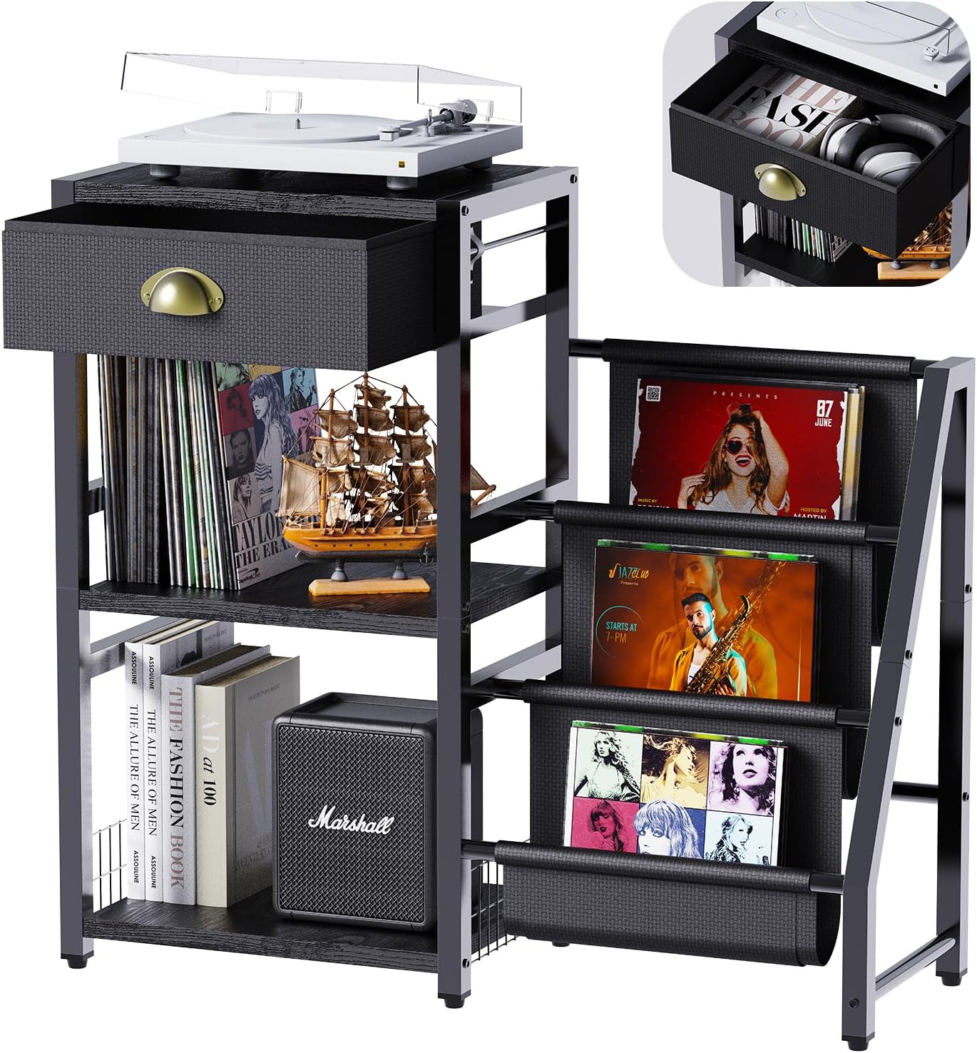 Record Player Stand, 3-Tier Record Player Stand with Vinyl Storage, Turntable Stand with Drawer, Record Player Table Stand, Vinyl Record Storage Cabinet for Living Room