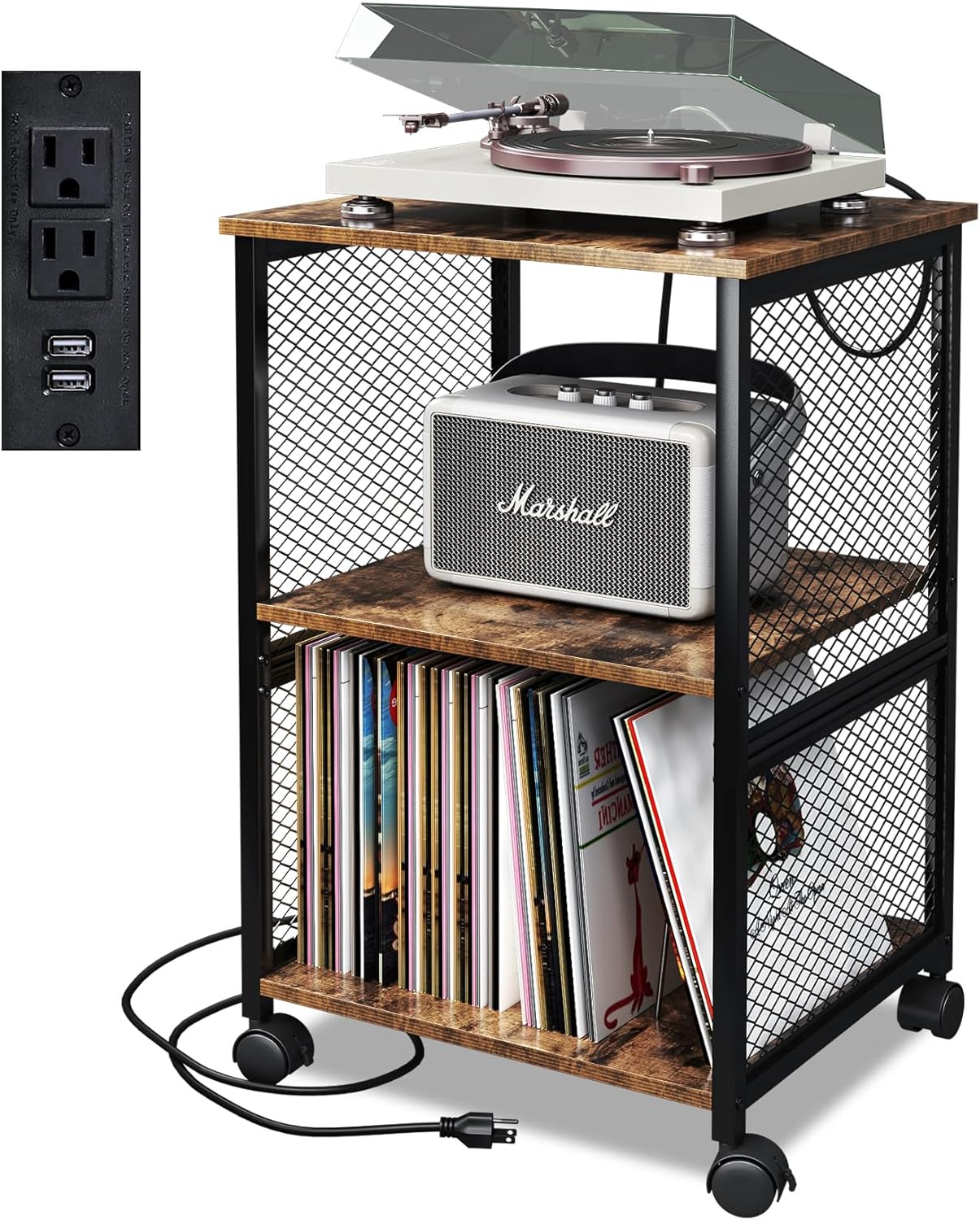 TC-HOMENY Vinyl Record Storage Table, 3-Tier Record Player Stand with 3 Quick-Release Divider, Fashion Vinyl Storage Cabinet Display Shelf for Bedroom Living Room and Office