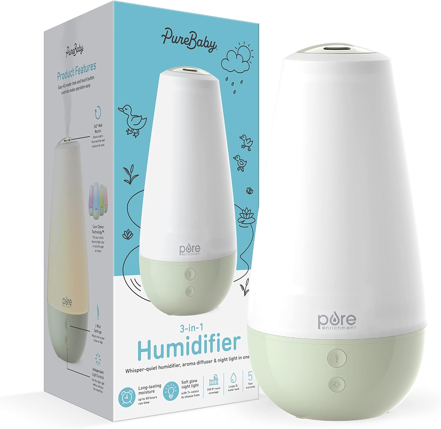 Pure Enrichment PureBaby 3-in-1 Whisper-Quiet Humidifier, Color Changing Night Light, & Essential Oil Diffuser for Baby Nursery & Kids Bedroom to Relieve Congestion, Colds, & Coughs (Whisper Green)