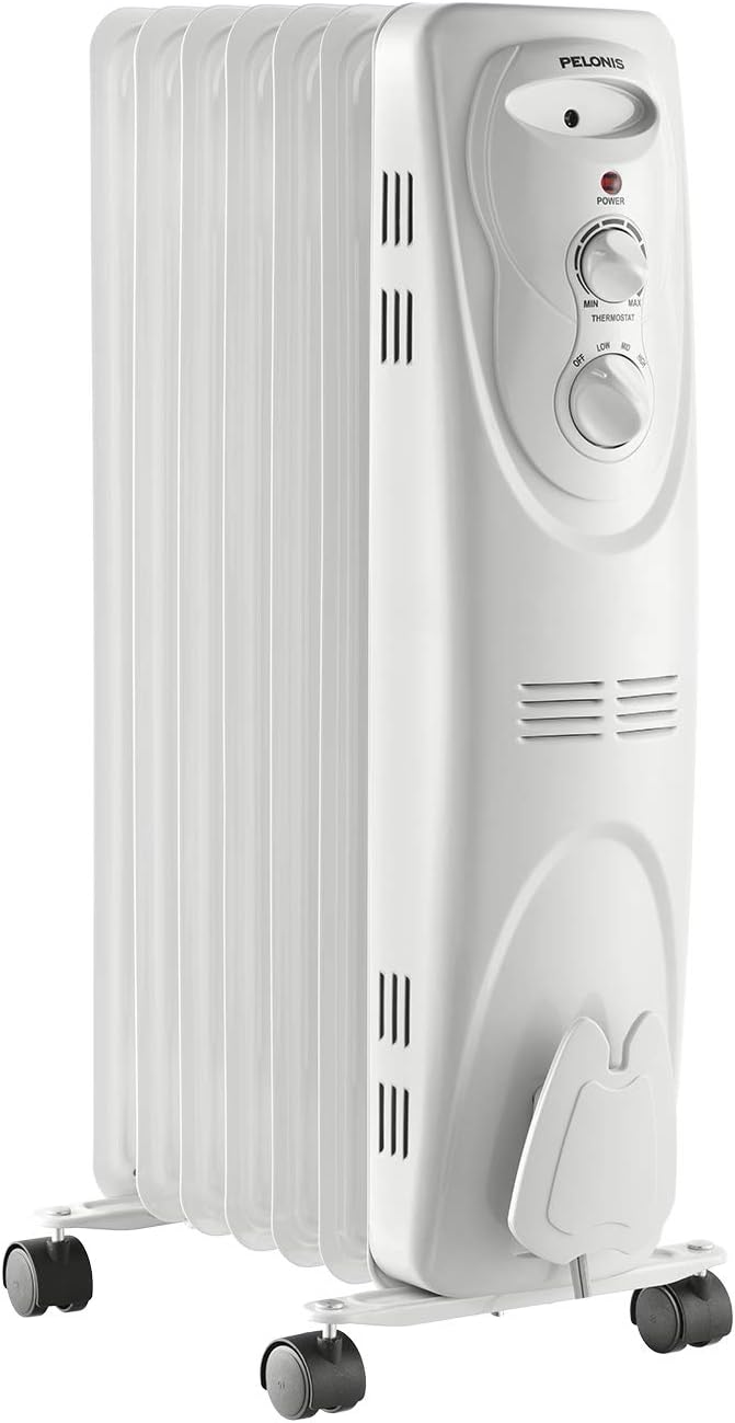 PELONIS PHO15A2AGW, Basic Electric Oil Filled Radiator, 1500W Portable Full Room Radiant Space Heater with Adjustable Thermostat, White, 26.10 x 14.20 x 11.00 in