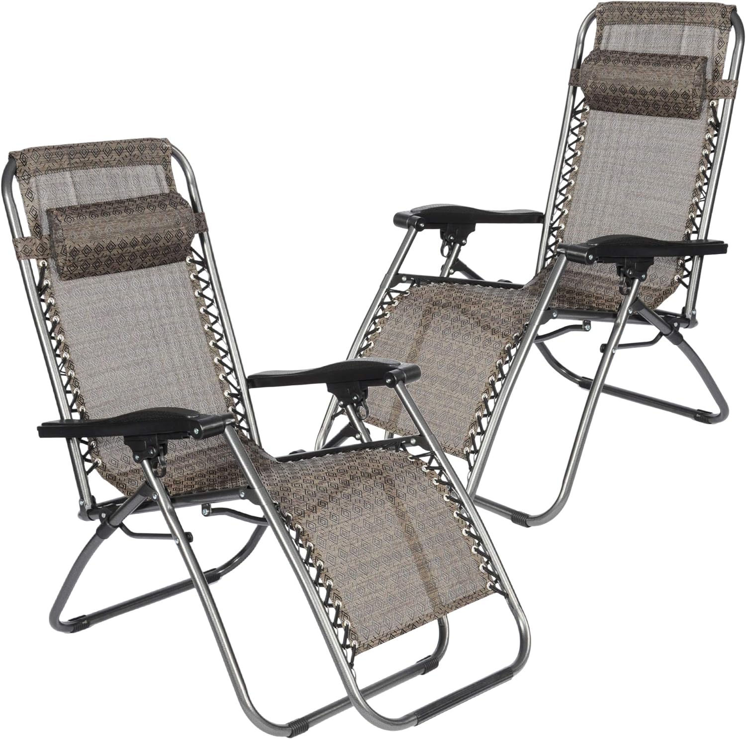 Adjustable Zero Gravity Chair Set of 2, Diamond Pattern Textilene Outdoor Folding Lounge Chair with Pillow, Portable Lightweight Patio Recliners for Pool Yard Beach, Grey and Brown