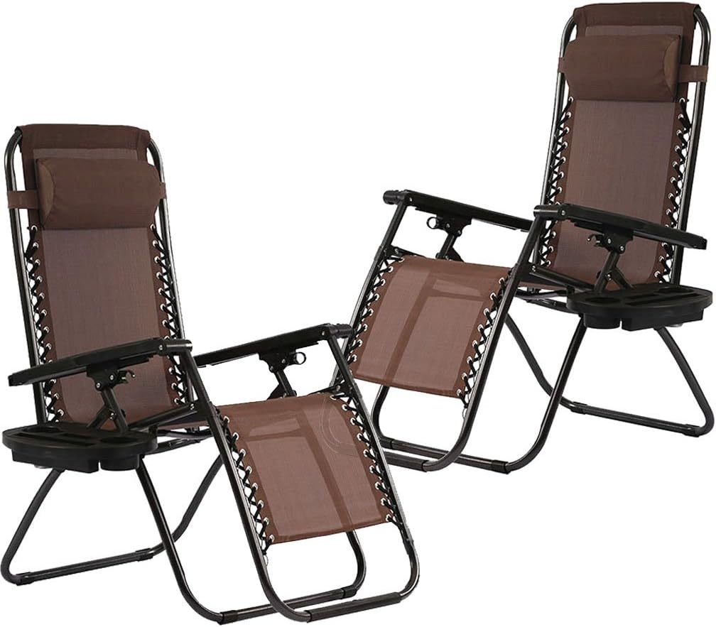 FDW Zero Gravity Chairs Set of 2 with Pillow and Cup Holder Patio Outdoor Adjustable Dining Reclining Folding Chairs for Deck Patio Beach Yard (Brown)