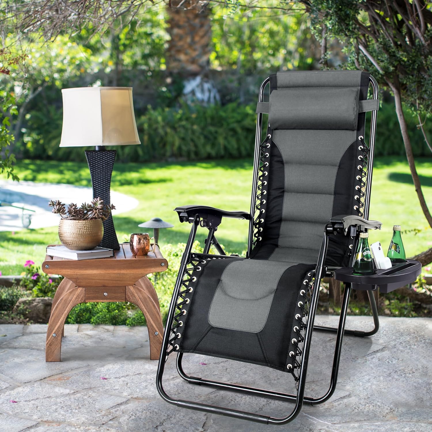 MAISON ARTS Oversized Padded Zero Gravity Lawn Chair Foldable Patio Recliner Anti Gravity Lounge Chair w/Pillow & Cup Holder Outdoor Camp Chair for Poolside Backyard Beach, Support 300lbs, Grey