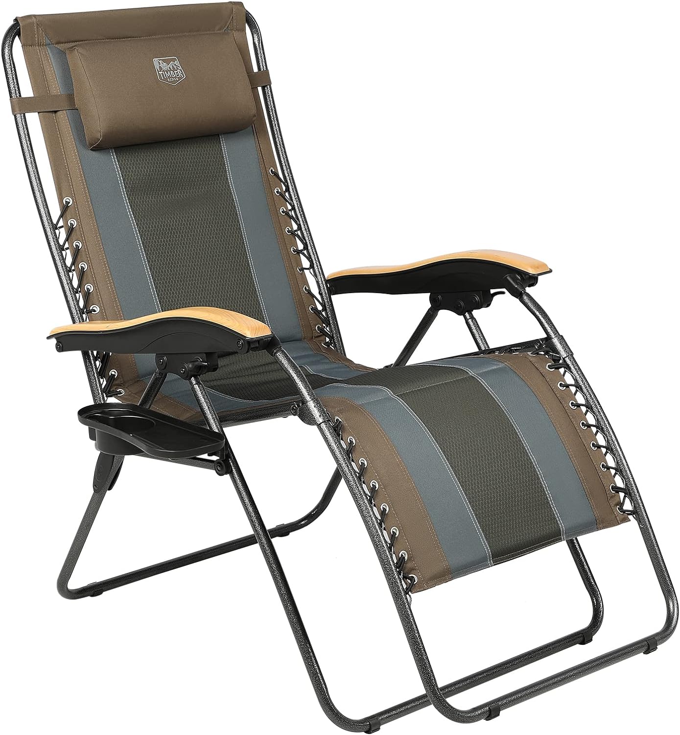 TIMBER RIDGE Outdoor Reclining Patio Padded with Adjustable Headrest and Cup Holder Foldable Zero Gravity Lawn Chair XL for Adults, Support up to 350 LBS, Brown,1 Count