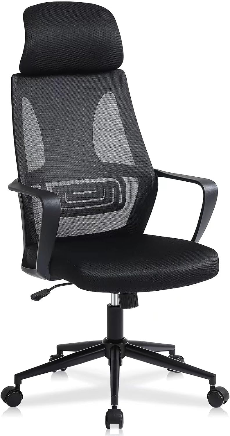 Ergonomic Office Desk Chair - High-Back Adjustable Height Computer Chair with Lumbar Support, Armrests, Headrest, and Reclining Function, Swivel Executive Task Chair, Black