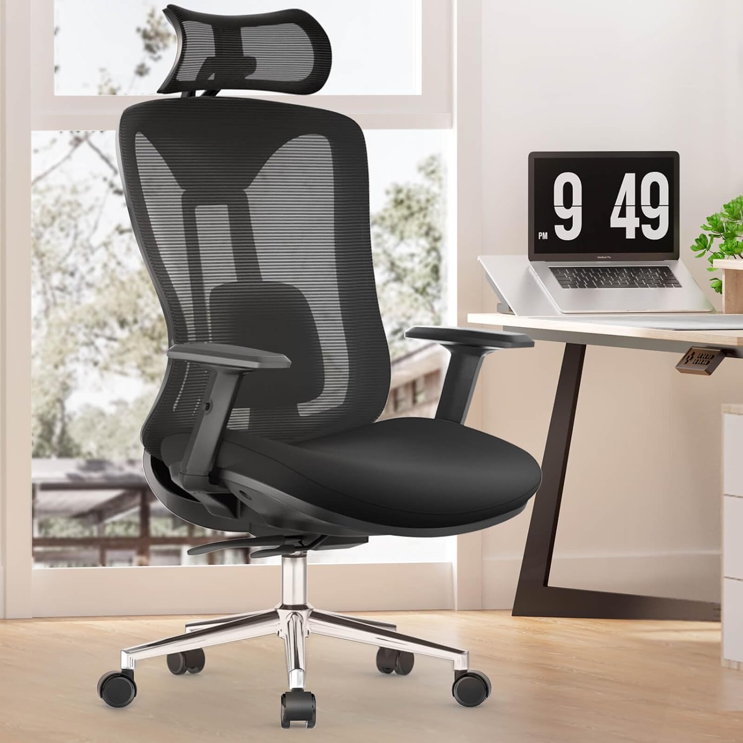 Office Chair, Ergonomic Desk Chair with Seat Slider, 4D Pillow Lumbar Support Height & Depth Adjustment, Tilt Lock, Adjustable Headrest & Armrest, Curved Cushion Computer Chair Home Office Desk Chairs