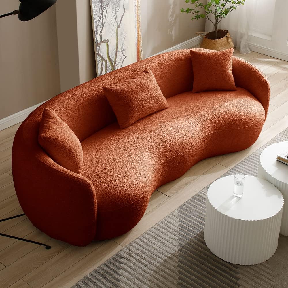 WILLIAMSPACE 93.6 Curved Sofa, Modern Upholstered Boucle Curved Couch with 3 Throw Pillows, 3-Seat Sofa Couch for Living Room, Apartment (Orange)