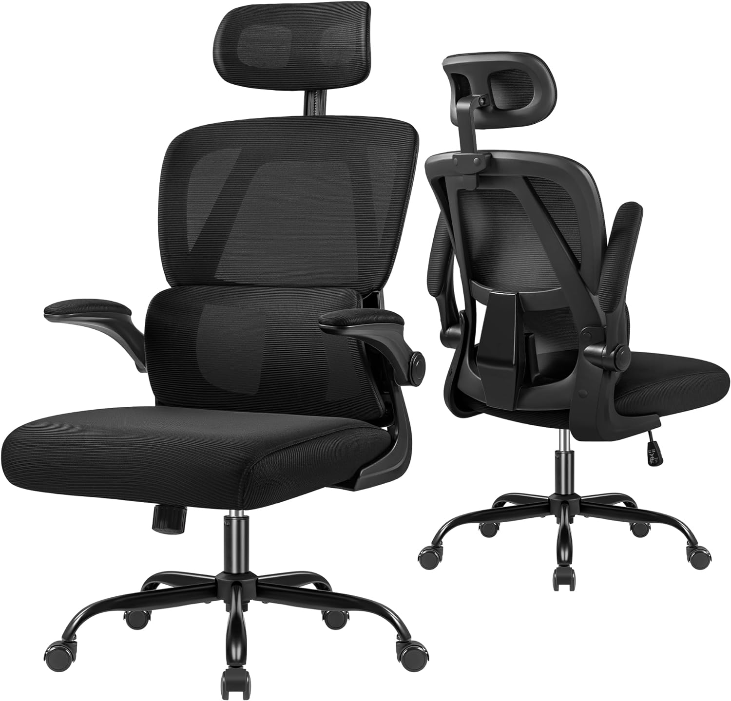 Ergonomic Office Chair, Breathable Mesh Seat, High Back with Adjustable Lumbar Support, Headrest and Flip-up Arms, Deep Black, K1