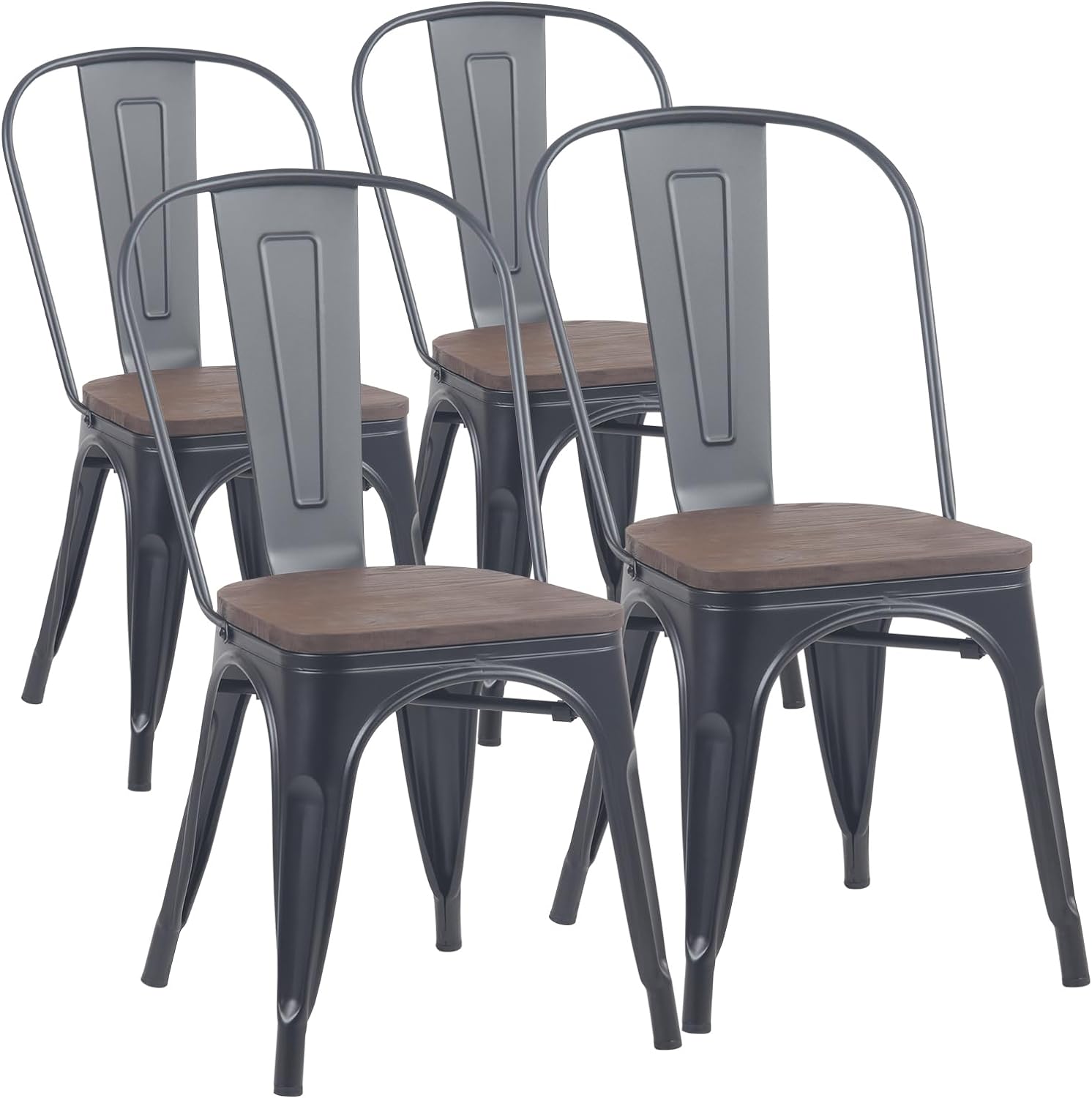 YOUNIKE Metal Dining Chairs Set of 4 Iron Stackable Removable Back Wood Seat Patio Chairs Rubber Feet Stylish Modern Indoor Outdoor Classic Chic Industrial Vintage Bistro Kitchen Matte Black